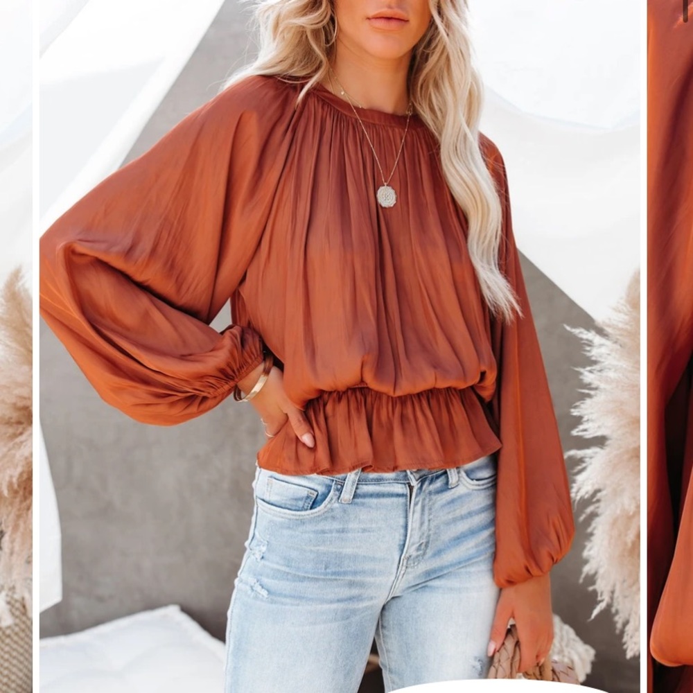 CAPPA SATIN PEPLUM BLOUSE - CLAY